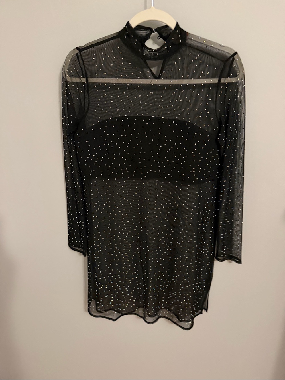 Anthropologie Black Sheer Mesh Midi Dress with Rhinestone Dots